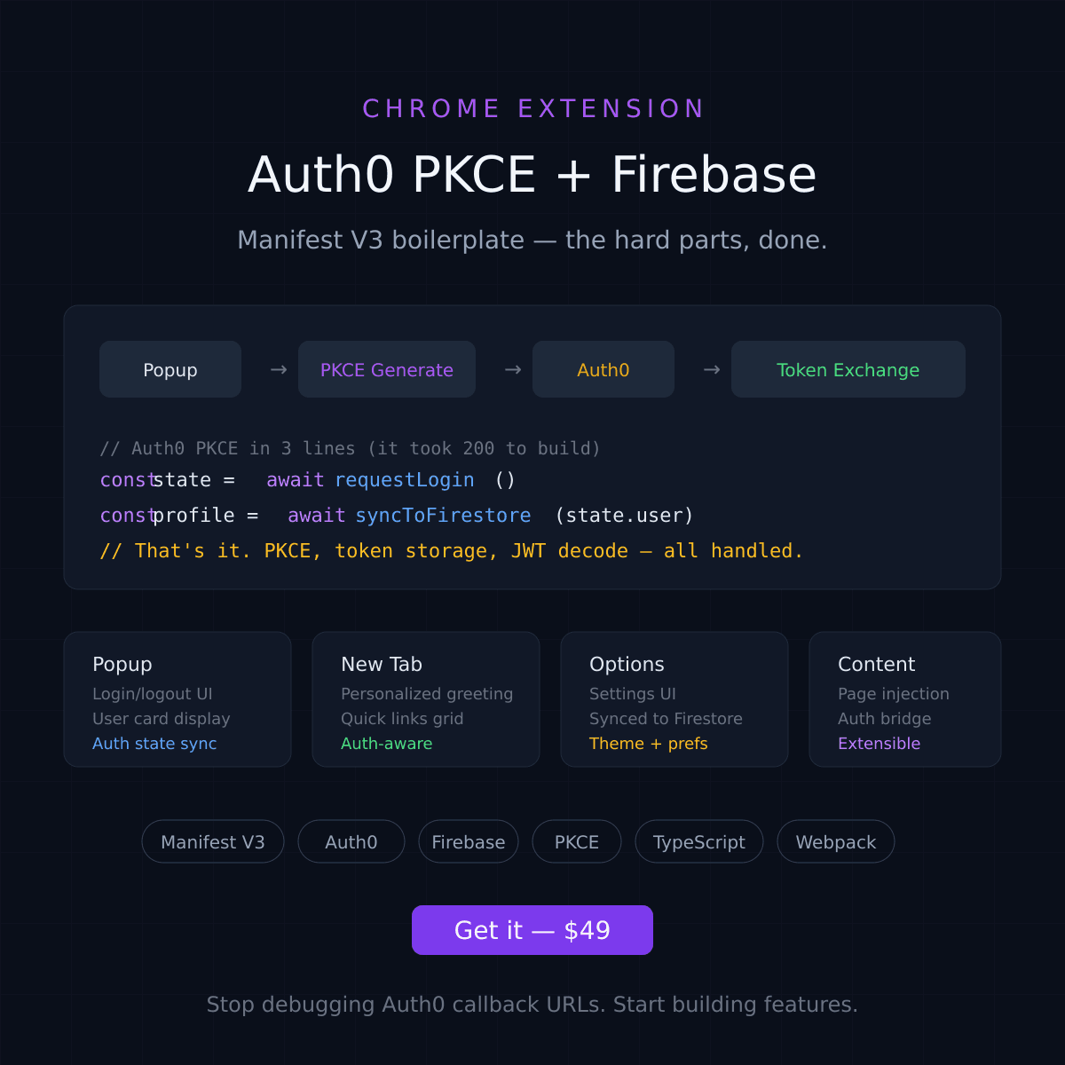 Chrome Extension Boilerplate — Auth0 PKCE + Firebase